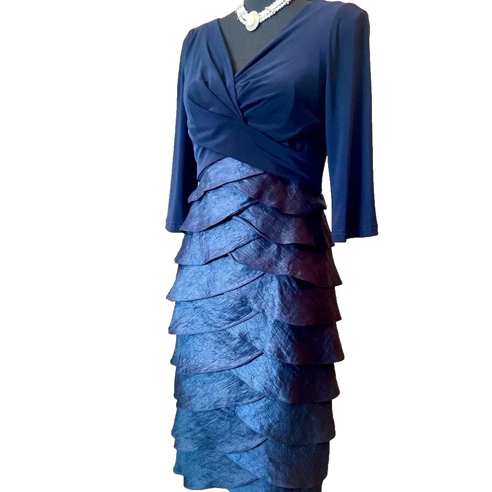 Adrianna Papell Tiered Blouson Dress 12 Blue 3/4 Sleeve V-Neck Back Zip A009683
